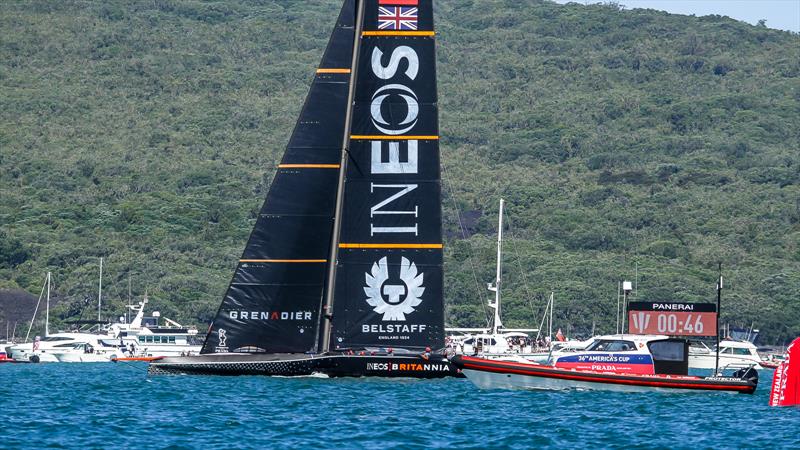 INEOS Team UK off her foils with 46secs before the start - Prada Cup Final - Day 1 - February 13, - America's Cup 36 photo copyright Richard Gladwell / Sail-World.com taken at Circolo della Vela Sicilia and featuring the AC75 class