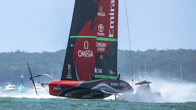 ETNZ exits gybe in training - Prada Cup Finals - Day 4 - February 21, 2021 - America's Cup 36 - Course A photo copyright Richard Gladwell / Sail-World.com taken at Royal New Zealand Yacht Squadron and featuring the AC75 class