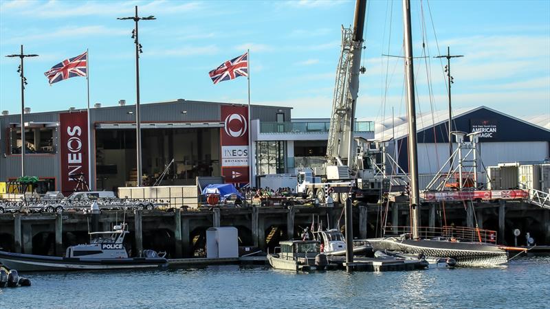 The Union Jack flies high mid-evening at the INEOS Team UK - Prada Cup Finals - Day 4 - February 21, 2021 - America's Cup 36 - photo © Richard Gladwell / Sail-World.com