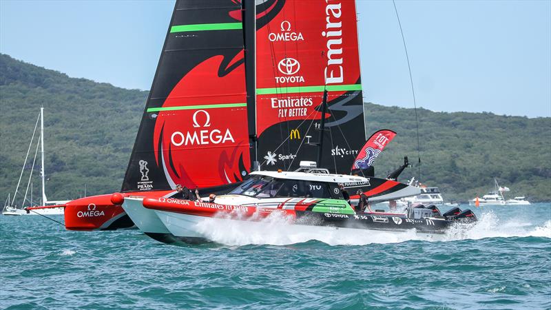 Emirates Team New Zealand just out of a start against their chase boat - February 21, 2021 - America's Cup 36 photo copyright Richard Gladwell / Sail-World.com taken at Royal New Zealand Yacht Squadron and featuring the AC75 class