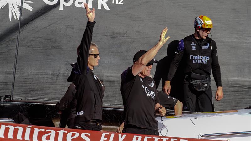Richard Meacham and Grant Dalton salute the crowd - Emirates Team NZ - America's Cup - Day 7 - March 17, 2021  photo copyright Richard Gladwell / Sail-World.com taken at Royal New Zealand Yacht Squadron and featuring the AC75 class