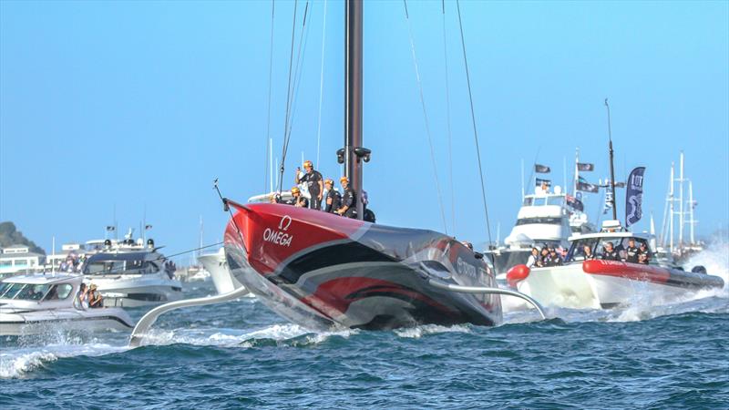 Emirates Team NZ drops off her foils for the last time in AC36 - America's Cup - Day 7 - March 17, 2021 - photo © Richard Gladwell / Sail-World.com