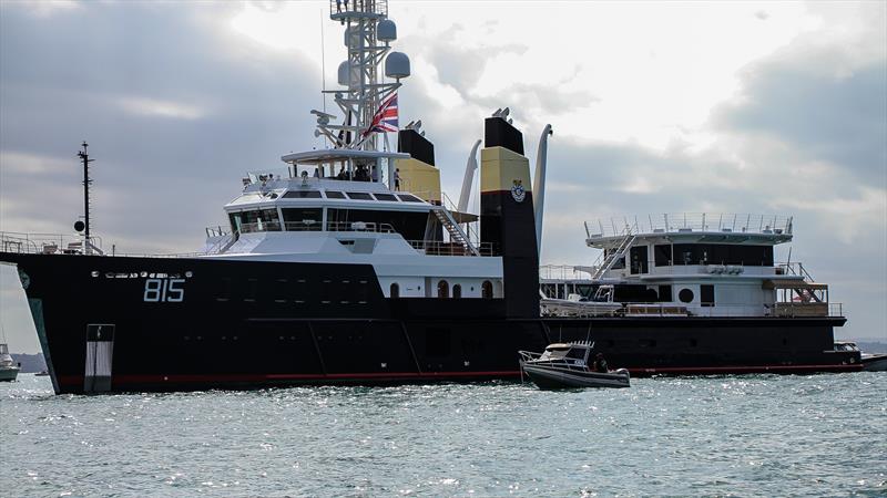 Sherpa the 243ft expedition yacht owned by Sir Jim Ratcliffe - INEOS Team UK was at the top end of the course  - America's Cup - Day 7 - March 17, 2021, Course A photo copyright Richard Gladwell / Sail-World.com taken at Royal New Zealand Yacht Squadron and featuring the AC75 class