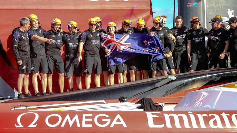 Emirates Team NZ form up after the win - America's Cup - Day 7 - March 17, 2021 , Course A photo copyright Richard Gladwell / Sail-World.com taken at Royal New Zealand Yacht Squadron and featuring the AC75 class