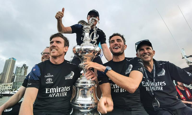 Dan Bernasconi, Peter Burling, Glenn Ashby, Blair Tuke and Ray Davies jump aboard the photoboat - Post presentation - America's Cup - Day 7 - March 17, , Course E photo copyright Richard Gladwell / Sail-World.com taken at Royal New Zealand Yacht Squadron and featuring the AC75 class