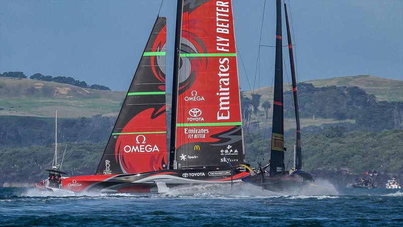 Emirates Team NZ crosses ahead of Luna Rossa - America's Cup - Day 7 - March 17, 2021 , Course A photo copyright Richard Gladwell / Sail-World.com taken at Royal New Zealand Yacht Squadron and featuring the AC75 class