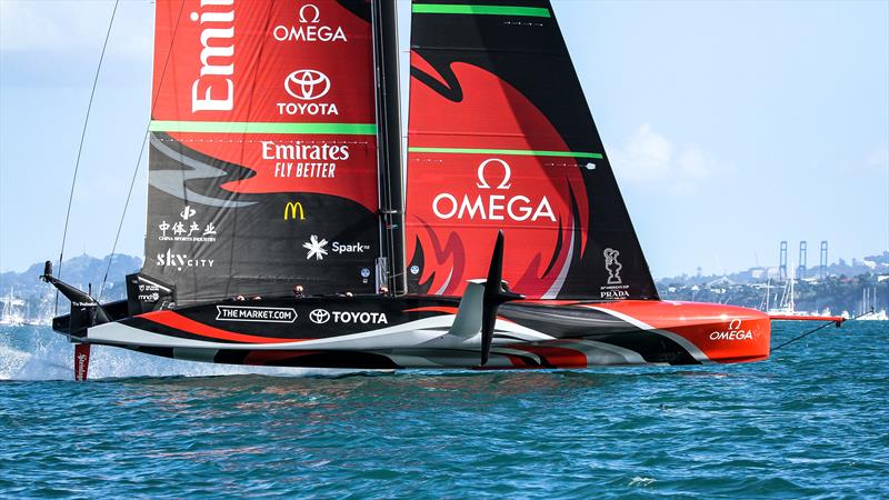 Emirates Team NZ flying just above the surface and forming an endplate between the rig and the water - America's Cup - Day 7 - March 17, , Course A photo copyright Richard Gladwell / Sail-World.com / nz taken at Royal New Zealand Yacht Squadron and featuring the AC75 class