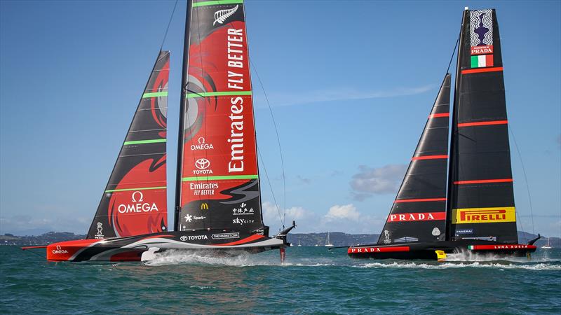 `For every 2kts of windspeed they needed a different size jib` - Emirates Team NZ and Luna Rossa - America's Cup - Day 5 - March 15, 2021, Course E photo copyright Richard Gladwell / Sail-World.com / nz taken at Royal New Zealand Yacht Squadron and featuring the AC75 class
