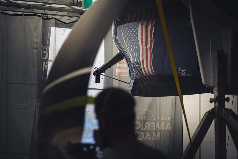 PATRIOT, American Magic's AC75 racing yacht and the result of over three years of design work, rests in her shed in Auckland, New Zealand, venue of the 36th America's Cup. I photo copyright American Magic/Sailing Energy taken at St. Petersburg Yacht Club, Florida and featuring the AC75 class