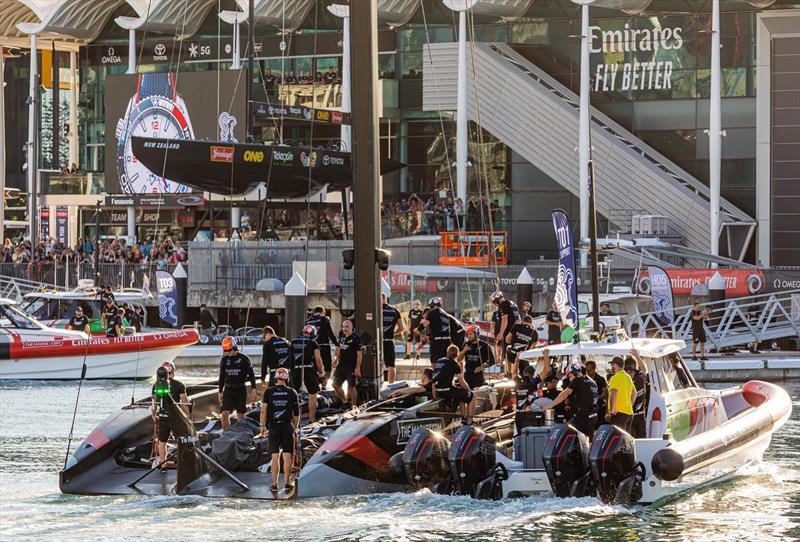 Emirates Team New Zealand returns to base during the 36th America's Cup photo copyright Emirates Team New Zealand taken at Royal New Zealand Yacht Squadron and featuring the AC75 class