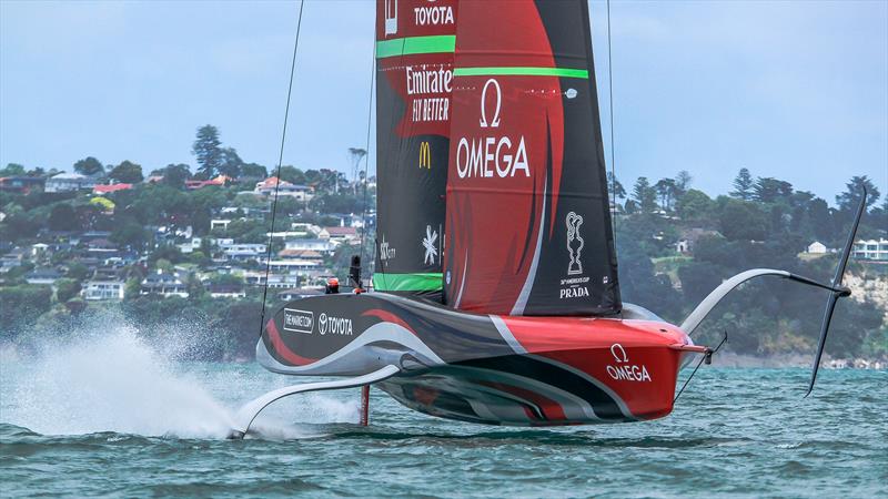 Jibs are now self tacking. All teams will be working to optimise the endplate between hull and rig - Emirates Team NZ - Waitemata Harbour - America's Cup 36 photo copyright Richard Gladwell / Sail-World.com / nz taken at Royal New Zealand Yacht Squadron and featuring the AC75 class