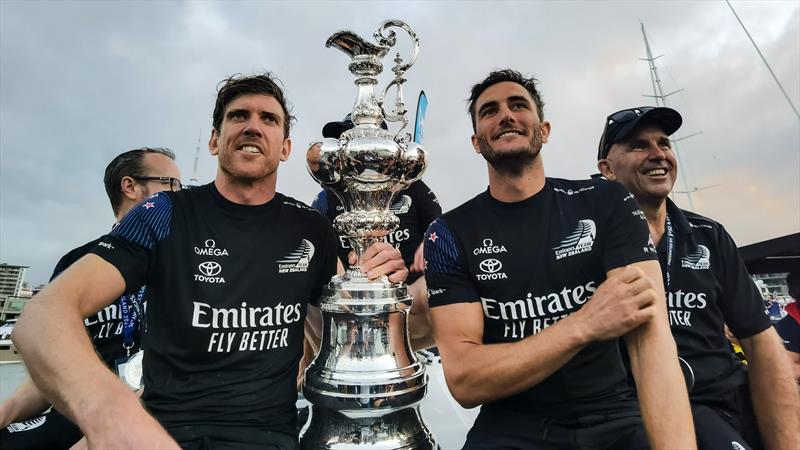 Peter Burling (left), Blair Tuke and Ray Davies take the America's Cup back to the ETNZ Victory Party - Emirates Team NZ - America's Cup - Day 7 - March 17, 2021 photo copyright Richard Gladwell / Sail-World.com taken at Royal New Zealand Yacht Squadron and featuring the AC75 class
