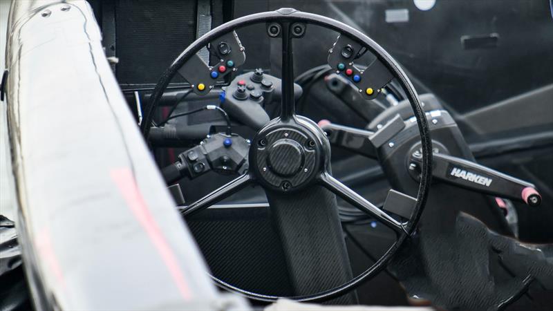 Alinghi Red Bull Racing - port helmsman steering position with wing foil controls and grinding position - November 9, 2022 - photo © Alex Carabi / America's Cup