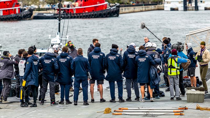 Dock talk with film crew - American Magic -  Patriot - AC75 - January 13, 2023 - Pensacola, Florida photo copyright Paul Todd/America's Cup taken at New York Yacht Club and featuring the AC75 class