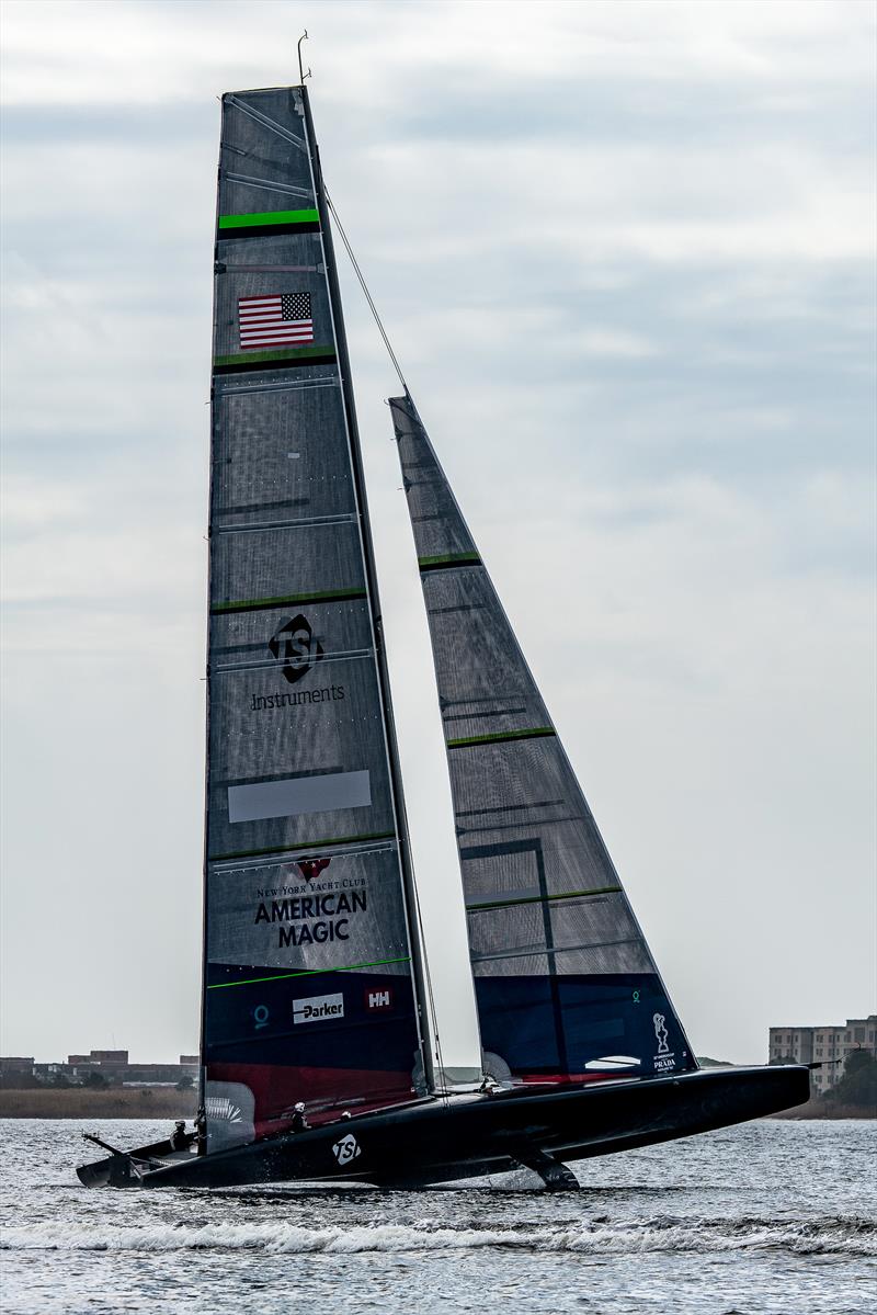 Controlled stop - American Magic -  Patriot - AC75 - January 17, 2023 - Pensacola, Florida photo copyright Paul Todd/America's Cup taken at New York Yacht Club and featuring the AC75 class