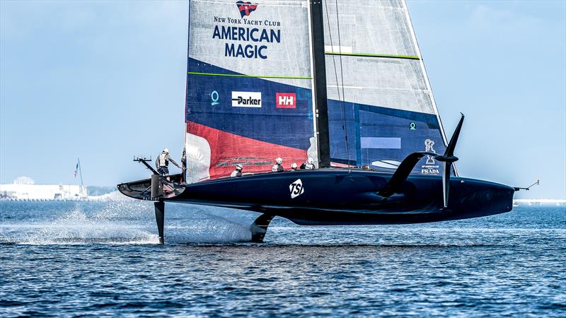 Foiling in light airs and self generated apparent wind - American Magic -  Patriot - AC75 - January 17, 2023 - Pensacola, Florida photo copyright Paul Todd/America's Cup taken at New York Yacht Club and featuring the AC75 class