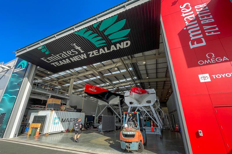 The AC75, Te Rehutai sits alongside Emirates Team New Zealand's LEQ12 on the right - February 2023 - photo © Emirates Team New Zealand