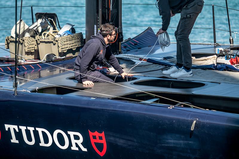 Support crew climbs into cyclist pit -  AC75 - Alinghi Red Bull Racing - March 1, 2023 - Barcelona photo copyright Alex Carabi / America's Cup taken at Société Nautique de Genève and featuring the AC75 class