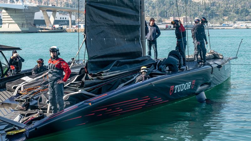 Mainsail held in position with sail tie  - ready for the tow out - AC75 - Alinghi Red Bull Racing - March 4, 2023 - Barcelona - Day 47 photo copyright Alex Carabi / America's Cup taken at Société Nautique de Genève and featuring the AC75 class