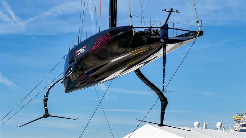 Kiwi wingfoils to starboard, American Magics' to port - Alinghi Red Bull Racing - AC75  - Day 59 - May 3, 2023 - Barcelona photo copyright Alex Carabi / America's Cup taken at Société Nautique de Genève and featuring the AC75 class