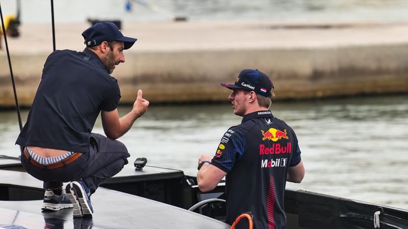 Max Verstappen discusses steering technique with Arnaud Psarofaghis -  Alinghi Red Bull Racing - AC75  - Day 66 - June 1, 2023 - Barcelona - photo © Alex Carabi / America's Cup