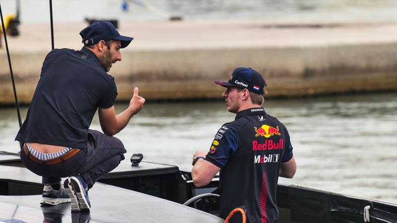 Max Verstappen discusses steering technique with Arnaud Psarofaghis -  Alinghi Red Bull Racing - AC75  - Day 66 - June 1, 2023 - Barcelona photo copyright Alex Carabi / America's Cup taken at Société Nautique de Genève and featuring the AC75 class