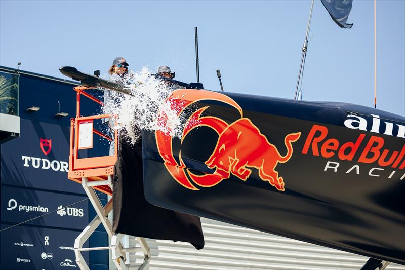 Chiara Bertarelli performed special honors at the Alinghi Red Bull Racing AC75 BoatOne Presentation at the Team Base in Barcelona, Spain on April 16, 2024 photo copyright Oriol Castello taken at Société Nautique de Genève and featuring the AC75 class