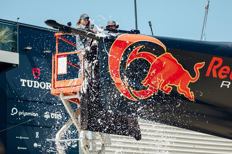 Chiara Bertarelli performed special honors at the Alinghi Red Bull Racing AC75 BoatOne Presentation at the Team Base in Barcelona, Spain on April 16, 2024 - photo © Oriol Castello