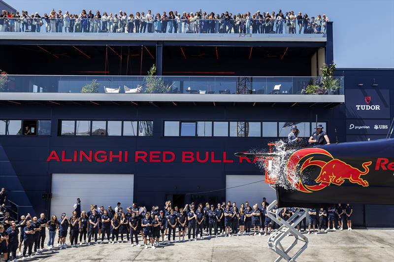 Chiara Bertarelli performed special honours at the Alinghi Red Bull Racing AC75 BoatOne Presentation at the Team Base in Barcelona, Spain on April 16, 2024 photo copyright Samo Vidic/Alinghi Red Bull Racing taken at Société Nautique de Genève and featuring the AC75 class