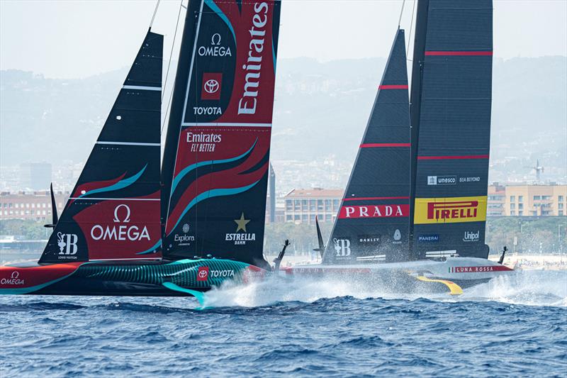Emirates Team NZ and Luna Rossa Prada Pirelli -  AC75  - Louis Vuitton Preliminary Event - Day 1 - Barcelona - August 22, 2024 photo copyright Ian Roman / America's Cup taken at  and featuring the AC75 class