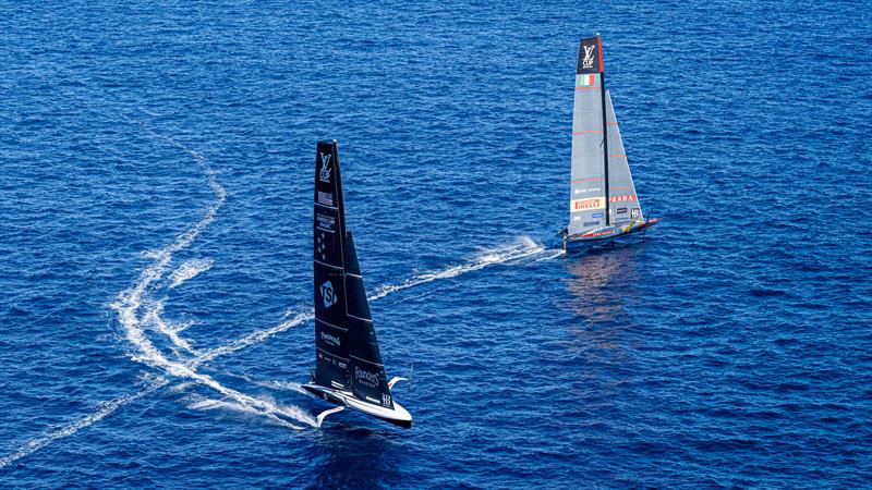 New York Yacht Club American Magic vs. Luna Rossa Prada Pirelli on Louis Vuitton Cup Semi-Finals Day 1 - 14th September 2024 photo copyright Ian Roman / America's Cup taken at  and featuring the AC75 class