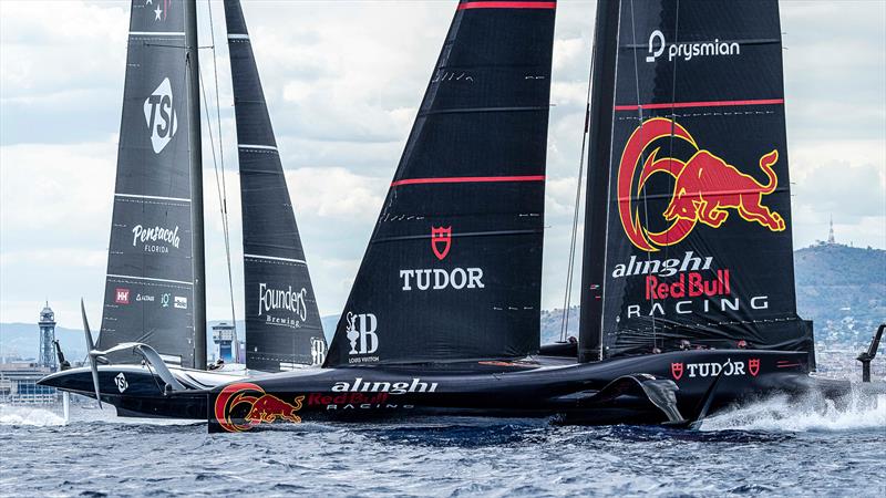 Alinghi Red Bull Racing, American Magic - Training in Barcelona ahead of the Louis Vuitton Preliminary Regatta -  August 15, 2024 photo copyright Ian Roman / America's Cup taken at Real Club Nautico de Barcelona and featuring the AC75 class