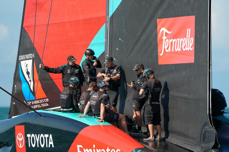 Crew debrief - Emirates Team New Zealand, Taihoro, AC75, Day 4 - March 21, 2026 - photo © Sam Thom / America's Cup