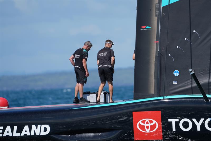 The foredeck crew weigh up the options - Emirates Team New Zealand, Taihoro, AC75, Day 5 - March 23, 2026 - photo © Sam Thom / America's Cup Recon