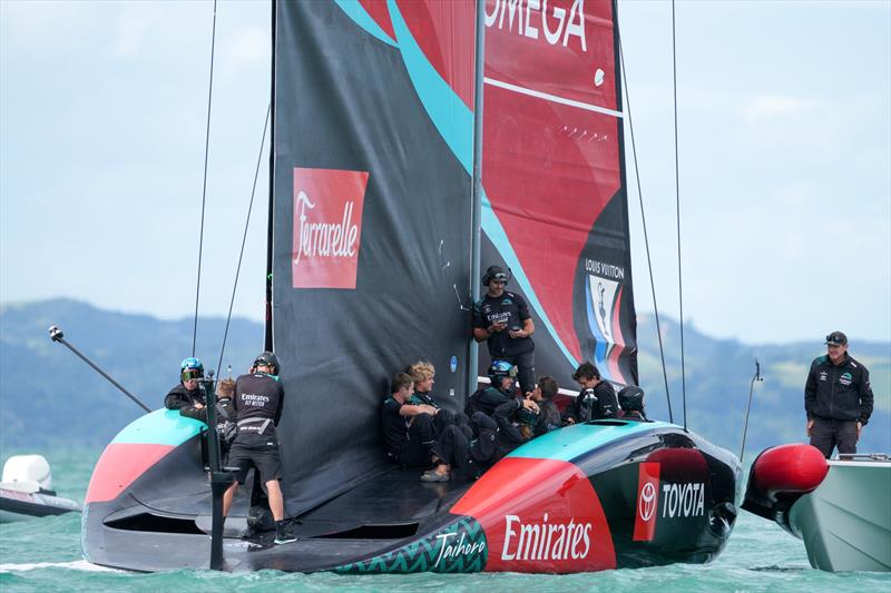 Mainsails connect cleanly with traveller - with closed leeches - Emirates Team New Zealand, Taihoro, AC75, Day 6 - March 24, 2026 photo copyright Sam Thom / America's Cup Recon taken at Royal New Zealand Yacht Squadron and featuring the AC75 class