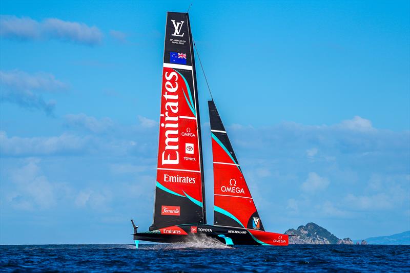Shag Island bottom end of Waiheke Island - Emirates Team New Zealand -  AC75 - Day 13 - August 28, 2026 photo copyright Sam Thom / America's Cup taken at Royal New Zealand Yacht Squadron and featuring the AC75 class