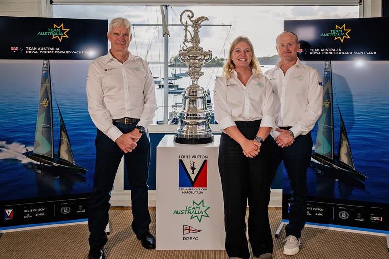 Grant Simmer OAM, Tash Bryant, and Glenn Ashby at the launch of Team Australia, who despite being a late entry, have a boat, and will compete in the 38th America's Cup in Naples photo copyright Team Australia taken at Royal Prince Edward Yacht Club and featuring the AC75 class