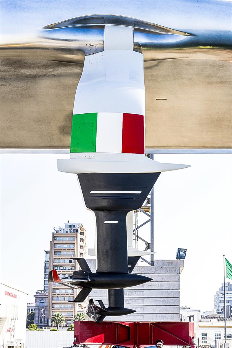 The anvil shaped piece between the foil arm and wing foil is a corrector weight from the 2024 AC75 configuration - Luna Rossa (ITA)  - Day 7 -  July 01, 2026 - Cagliari, Sardinia - photo © Ivo Rovira