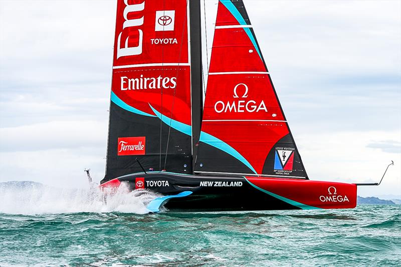 The AC75 `lights up` under the small rig - Emirates Team NZ - Day 20 -  August 12 2026 - Auckland, NZ - photo © Sam Thom/America's Cup