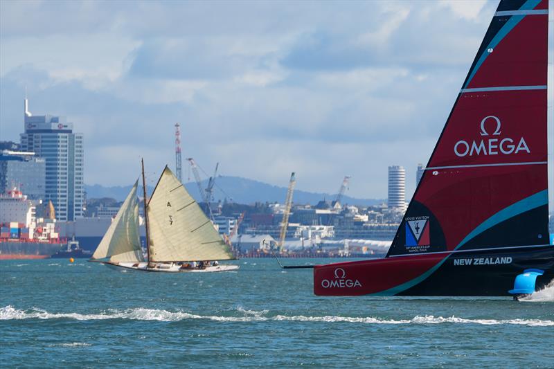 Rainbow (launched 1898) ahead of Emirates Team NZ AC75 - Day 21 -  August 15 2026 - Auckland, NZ - photo © Sam Thom/America's Cup
