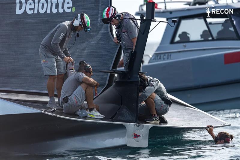 Diver checks the rudder - Luna Rossa - October 7, 2026 - Cagliari photo copyright Ivo Rovira / America's Cup Recon taken at Circolo della Vela Sicilia and featuring the AC75 class