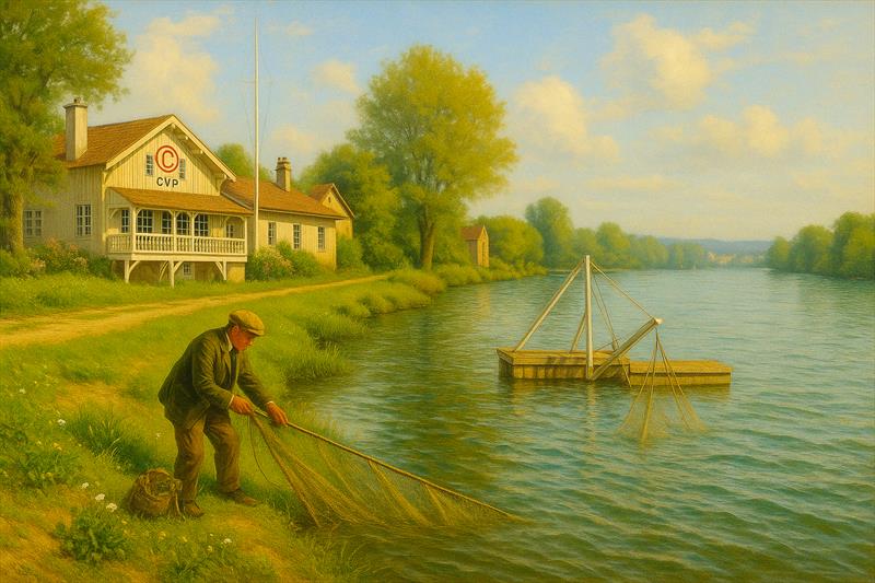 Marcel Lebrun follows the race while tending his nets along the Seine, before the timeless façade of the Cercle de la Voile de Paris - photo © Pierre-Jean Cottalorda