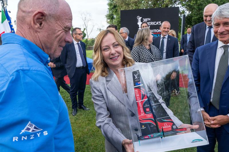 Italian Prime Minister Welcome Function at Casino del Bel Respiro, Rome - Grant Dalton, CEO, Emirates Team New Zealand and gives an ETNZ AC75 model to Italian Prime Minister, Giorgia Meloni - May 26, 2025 - photo © Ian Roman / America's Cup