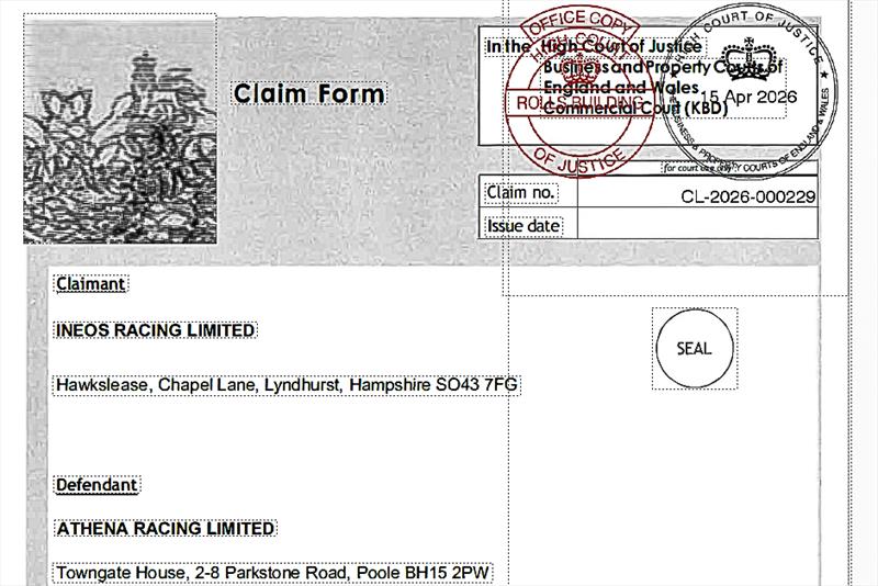INEOS Racing v Athena Racing - Claim Form - Page 1 - America's Cup - May 1, 2026 - photo © Sail-World NZ