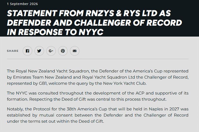 Statement by RNZYS and RYS Ltd - September 1, 2026 - photo © RNZYS Media
