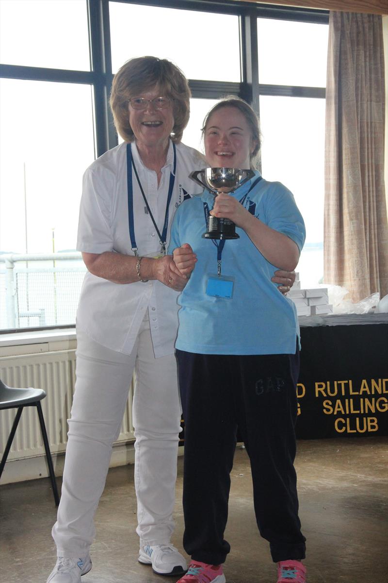 Millie receiving the Endeavour Trophy during the 2019 Hansa UK Nationals at Rutland photo copyright James Greenberr taken at Rutland Sailing Club and featuring the Hansa class