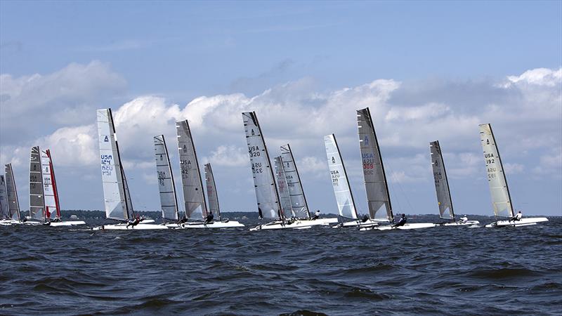 Racing on day 4 of the A Class Catamaran North American Championship photo copyright Richard Langdon / www.oceanimages.co.uk taken at SailNC and featuring the A Class Catamaran class