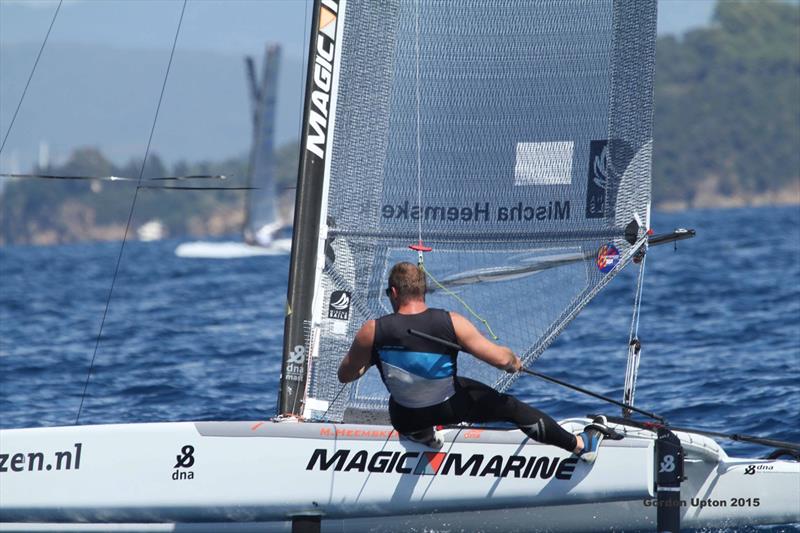 Mischa Heemskerk in flying mode with his new ‘Deck Sweeper' sail in the A Class Cat Worlds at Punta Ala practice race photo copyright Gordon Upton taken at Centro Velico Punta Ala and featuring the A Class Catamaran class