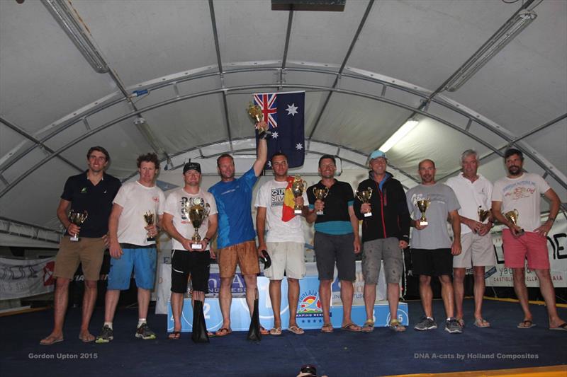 The Champions (l-r) Jason Waterhouse AUS, Stevie Brewin AUS, Glenn Ashby AUS, Mischa Heemskerk NED, Manuel Calavria ESP, Helmut Stumhofer GER, Jacek Noetzel POL, Bruce Mahoney USA, Scott Anderson AUS, Sasha Wallmar SUI at the A Class Cat Worlds - photo © Gordon Upton