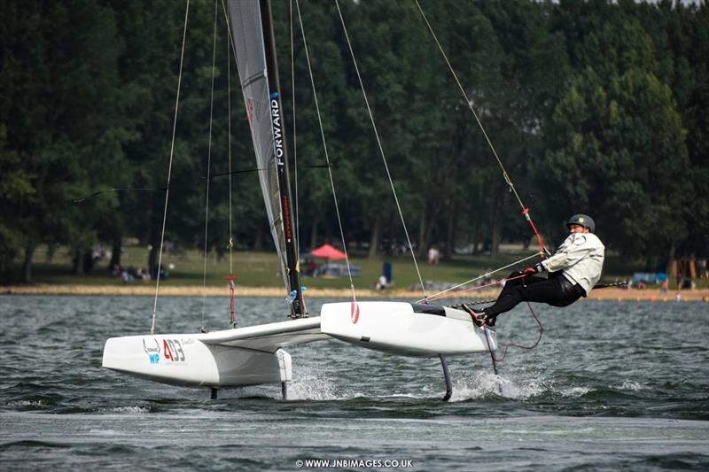 BACCA President Struan Wallace sails over a lake aerator in the A Class Catamaran UK National Championships at Rutland photo copyright Jodie Bawden / www.jnbimages.co.uk taken at Rutland Sailing Club and featuring the A Class Catamaran class